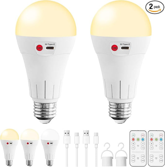 Vitnucrol 2 Pack Rechargeable Light Bulbs with Remote, E26 Wireless Battery Operated Light Bulb for Lamps, 2600mAh 3 Colors Dimmable Emergency LED Light Bulbs, 7W, 300LM