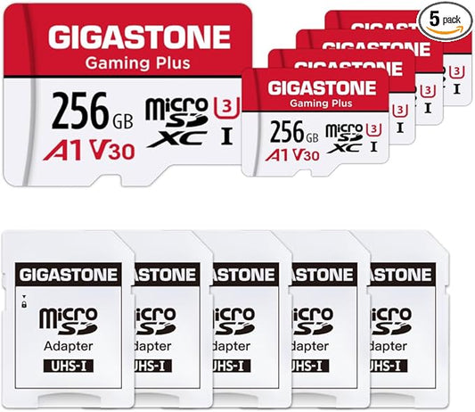 【for Switch 1 Only】 GIGASTONE 256GB Micro SD Card 5-Pack, Gaming Plus, Nintendo-Switch 1 Compatible, R/W 100/60MB/s, 4K Video Recording, Micro SDXC UHS-I A1 U3 Class 10, with Adapters