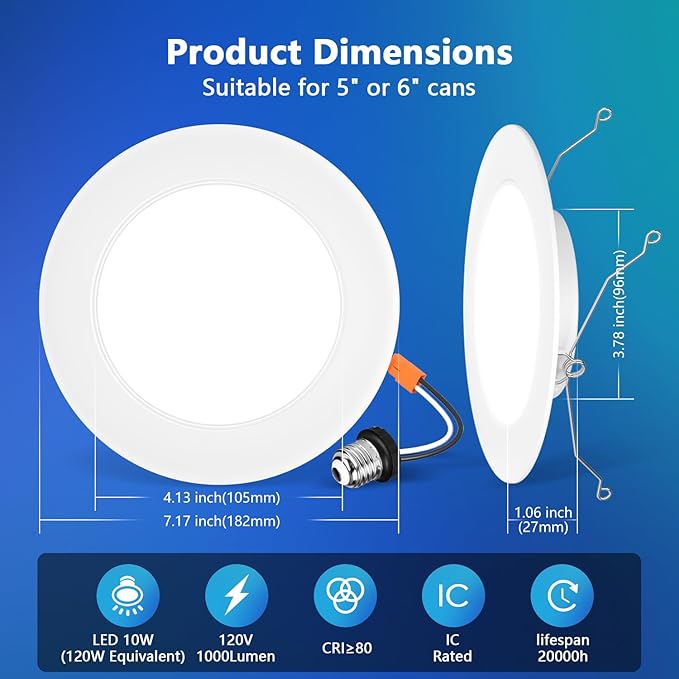 LVWIT LED Recessed Light 6inch, 5CCT Can Lighting with White Cover, Color Selectable Dimmable Downlight with E26 Conversion Kit, 2 Pack