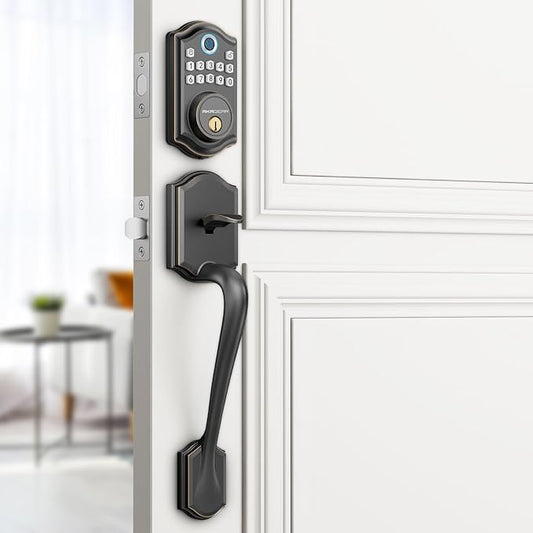 AkaGear DS10 Keyless Entry Door Locks - Keypad Lock with Handle Set, Fingerprint Deadbolt, Smart Locks for Front Doors, Auto-Lock & One Touch Locking, 2 Keys, Easy Installation - Oil Rubbed Bronze