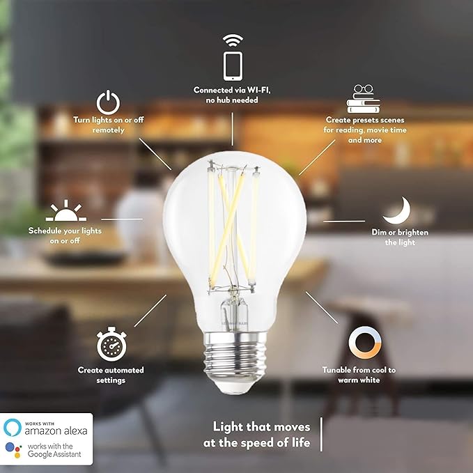 Diodesy- Smart Light Bulb A19 LED WiFi Bulb Compatible with Alexa and Google Home Pack of 4 No Hub Required 2.4Ghz 8W (60W Equivalent) Tunable 2200K-6500K 800LM E26 Base Clear Finish UL Listed