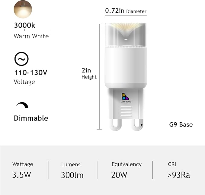 2 Pack G9 LED Bulb Dimmable, 35 Watt Halogen Replacement, Omnidirectional 360° Beam Angle, 93 Ra, 3000K Warm White, G9 for Chandelier/Vanity Light, Over Range Microwaves, Under Cabinet
