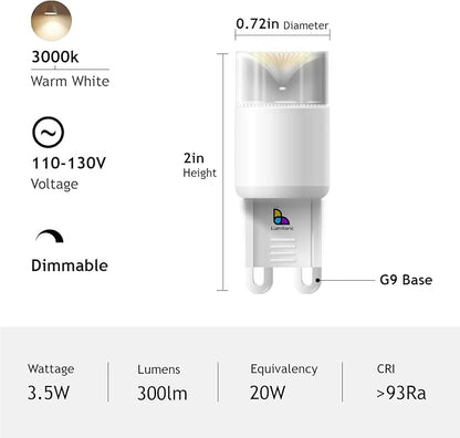 2 Pack G9 LED Bulb Dimmable, 35 Watt Halogen Replacement, Omnidirectional 360° Beam Angle, 93 Ra, 3000K Warm White, G9 for Chandelier/Vanity Light, Over Range Microwaves, Under Cabinet