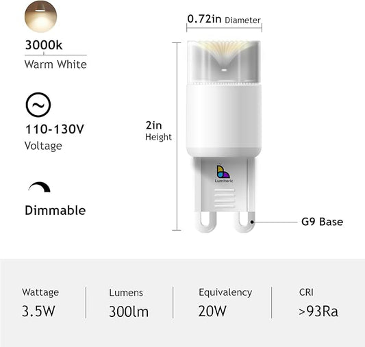 2 Pack G9 LED Bulb Dimmable, 35 Watt Halogen Replacement, Omnidirectional 360° Beam Angle, 93 Ra, 3000K Warm White, G9 for Chandelier/Vanity Light, Over Range Microwaves, Under Cabinet