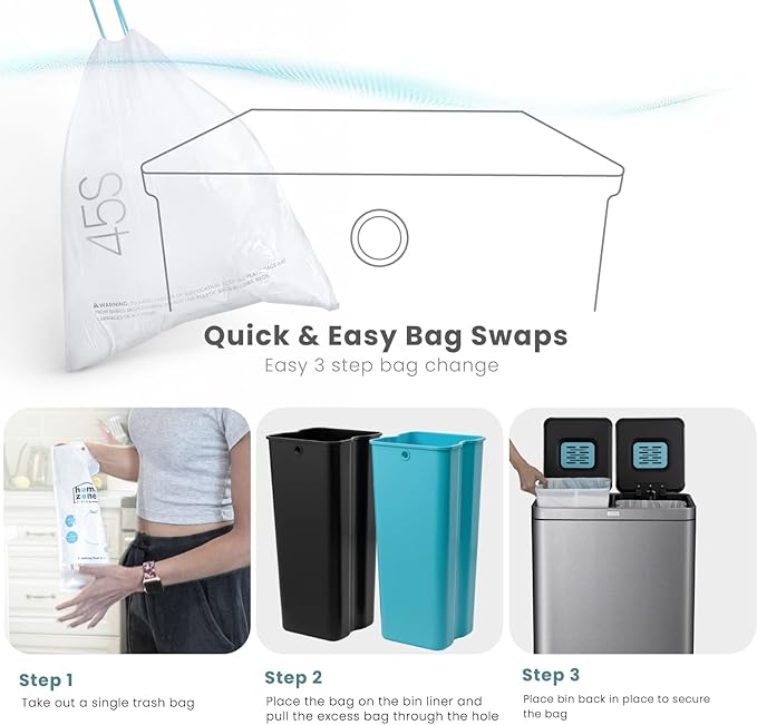 Home Zone Living 16 Gallon Kitchen Trash Can with Dual Compartments for Recycling and CleanAura for Odor Control, Stainless Steel, 60 Liters Total