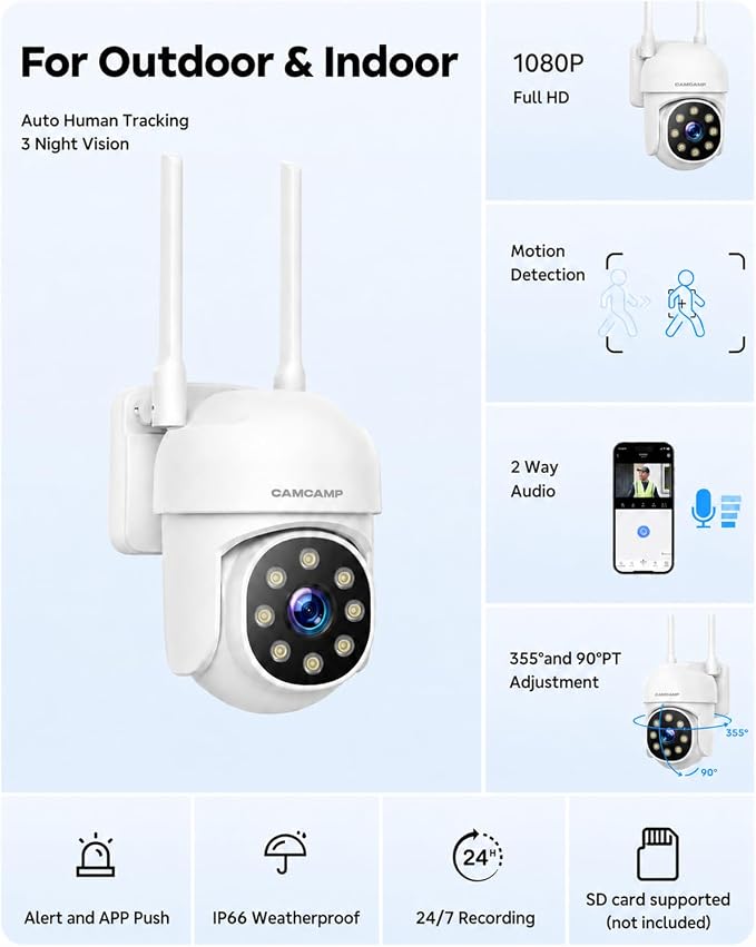 CAMCAMP Wireless Security Camera Outdoor, APP Remote Access, AUTO Tracking | Pan&Tilt Full View for Home, Color Night Vision, Alerts, 2-Way Audio, 2.4G&5G WiFi Support Could/SD card Storage Not included