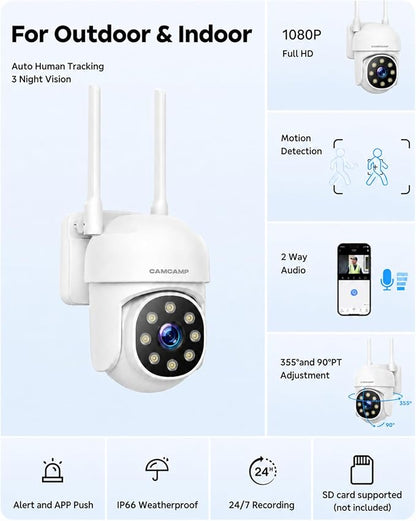 CAMCAMP Wireless Security Camera Outdoor, APP Remote Access, AUTO Tracking | Pan&Tilt Full View for Home, Color Night Vision, Alerts, 2-Way Audio, 2.4G&5G WiFi Support Could/SD card Storage Not included