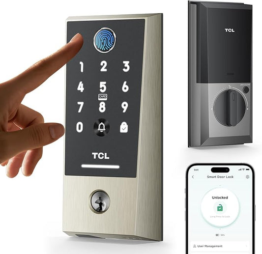 TCL Smart Lock D2 Plus, Keyless Entry Fingerprint Door Lock, Touchscreen Keypad Deadbolt Lock, Built-in Doorbell, Auto Lock, App Control, Alexa, Google Home Compatible, Easy Install for Front Door