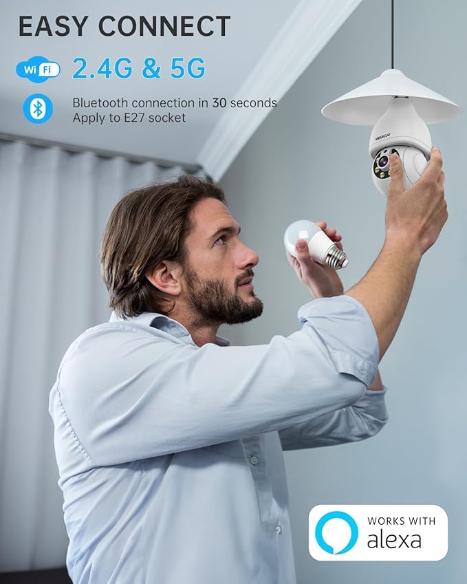 DYPCO Light Bulb Security Camera -5G& 2.4GHz WiFi Camera Outdoor Wireless Motion Detection and Alarm,Two-Way Talk,Color Night Vision,Human Detection, Light Socket Camera (White 2 Packs)