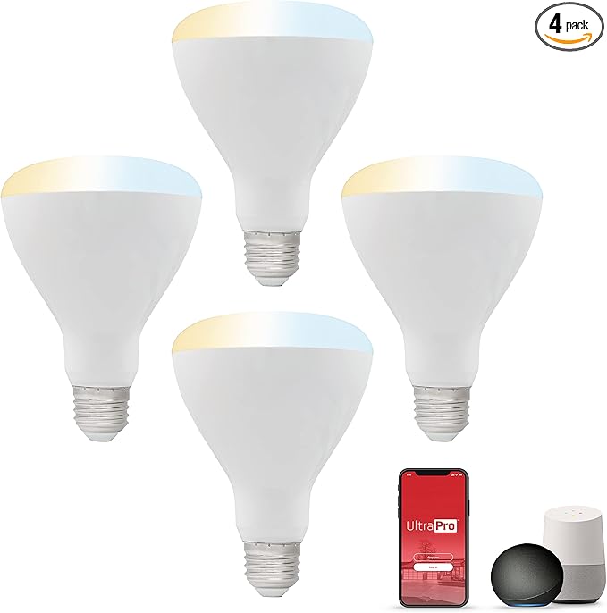 UltraPro Wi-Fi LED Smart Light Bulb, BR30, 65W Equivalent, White Select Tunable 2700K - 6500K, Full-Range Dimmability, 2.4GHz Router Required, Circadian Rhythm, Easy-to-Use App, 4 Pack, 51457