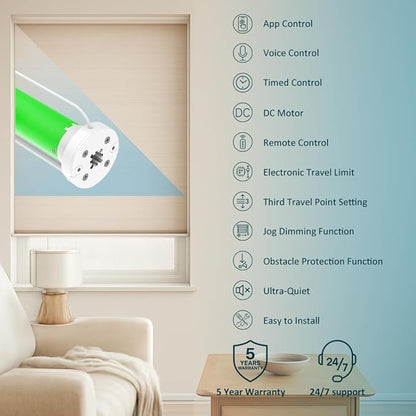 Smart WiFi Roller Shade Motor for 1.5" (38mm) Tube, Tuya App Alexa Voice Control No Hub Needed, 1.1Nm/2Nm Electric Blind Motor Retrofit Kit, RF Remote & Schedule Timer (2.0N.m Torque for 25rpm)