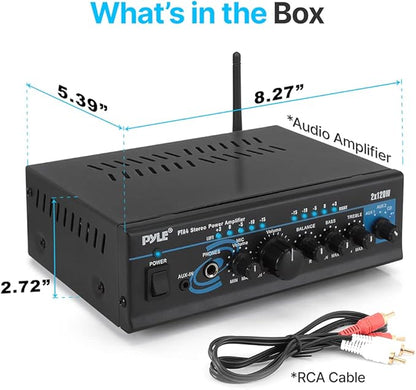 Home Audio Power Amplifier System - 2X120W Mini Dual Channel Mixer Sound Stereo Receiver Box w/ RCA, AUX, Mic Input - For Amplified Speakers, PA, CD Player, Theater, Studio Use - Pyle PTA4 Black
