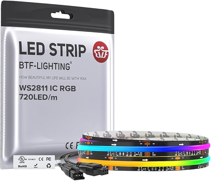 BTF-LIGHTING 3.28FT WS2811 Smart IC RGB DC24V FCOB COB LED Strip Light | UL Listed 720LEDs/m High Density Color Chasing Light 12mm Width Black PCB for Home DIY Lighting(No Adapter or Controller)