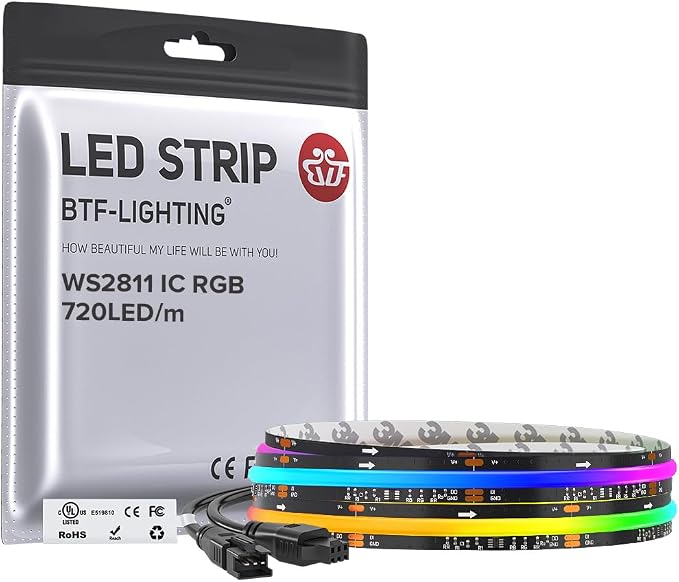 BTF-LIGHTING 3.28FT WS2811 Smart IC RGB DC12V FCOB COB LED Strip Light | UL Listed 720LEDs/m High Density Color Chasing Light 12mm Width Black PCB for Home DIY Lighting(No Adapter or Controller)