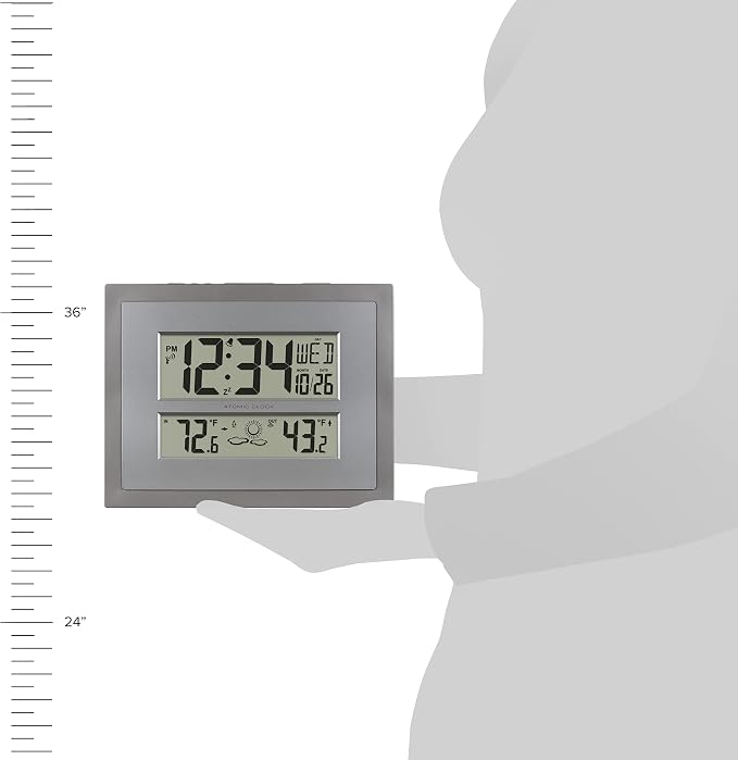 La Crosse Technology 512-85937 Gray Atomic Digital Clock with Temperature | Color: Gray/Silver, Forecast, Atomic Time, DST reset, Crescendo Alarm, Wireless 330ft range transmits Outdoor temperature