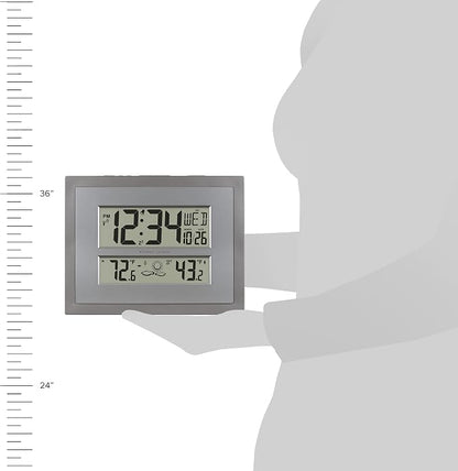 La Crosse Technology 512-85937 Gray Atomic Digital Clock with Temperature | Color: Gray/Silver, Forecast, Atomic Time, DST reset, Crescendo Alarm, Wireless 330ft range transmits Outdoor temperature