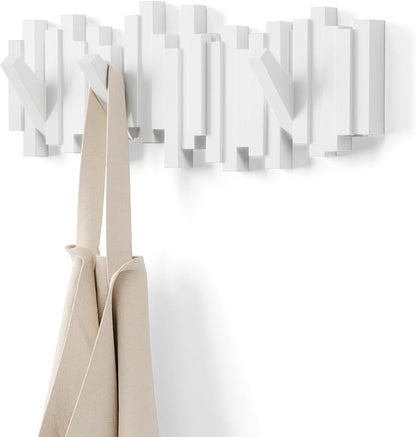Umbra Sticks Wall Mount Coat Rack, 5 Hook Retractable Pegs, White | Mounting hardware included, sculptural modern design, entryway or bedroom use, recycled plastic