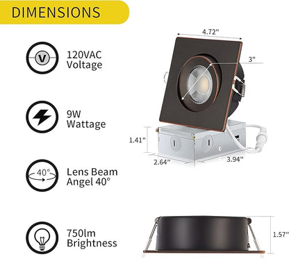 KnLnny Ware Oil Rubbed Bronze Gimbal Recessed Lighting 4 inch 6 Pack,Suare Canless Recessed Lights with Junction Box,dimmable, 5CCT Selectable,9W 750LM