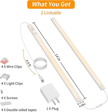 14" Slim USB Plug-in LED Motion Sensor Light Indoor, Bright & Dimmable Under Cabinet Light - 3 Modes (ON/Night/Day) for Kitchen, Cabinet, Closet - 3000K Warm White, 1 Pack (2 Linkable)