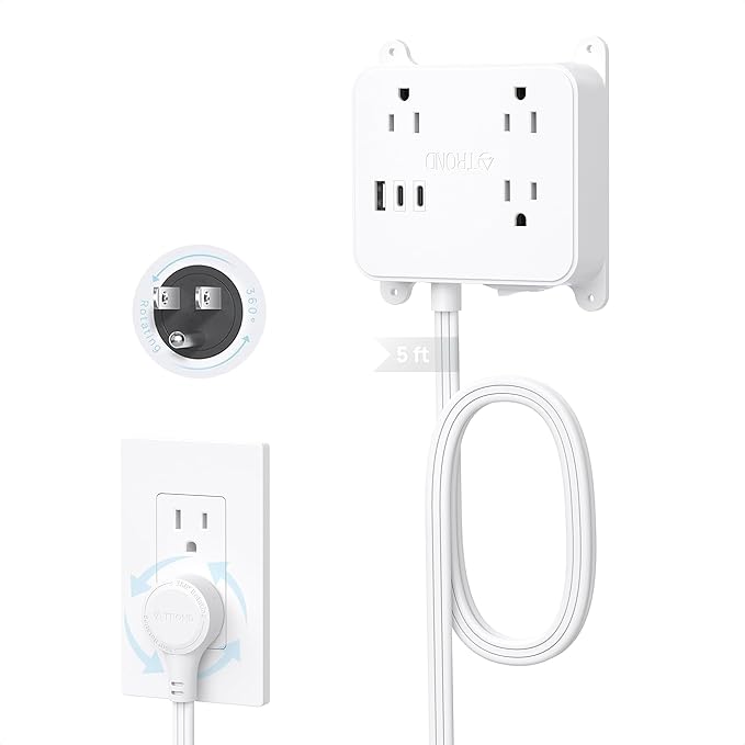 TROND Flat Power Strip with 360° Rotating Plug, 5FT Extension Cord with 3 Widely Space Outlets and 3 USB Ports(2 USB C), Wall Outlet to Hide in Drawer, Attach Under Desk Cabinet Vanity Counter