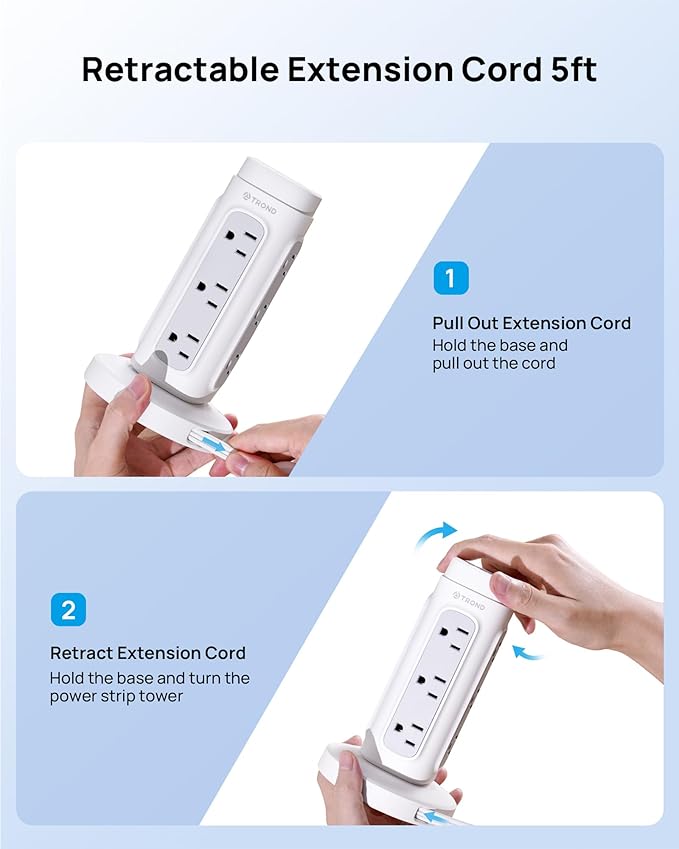 TROND Rotating Plug Power Strip Tower PD 20W - 5ft Retractable Extension Cord Surge Protector, 12 Outlets, 4 USB, 1700J Protection, Space Saving Home Office Desk Supplies, Dorm Room Essentials