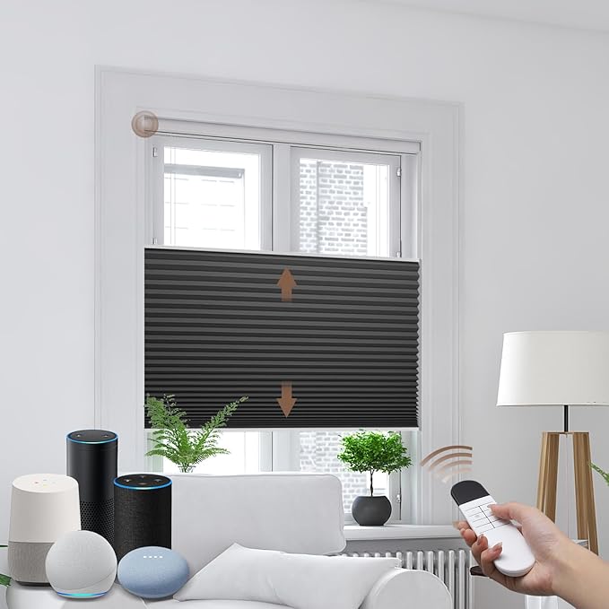 Godark Motorized TDBU Cellular Shades with Remote Control Smart Honeycomb Blinds Compatible with Alexa Google Home Smarthings Custom Double Cellular Blackout for Indoor Windows Doors-Black