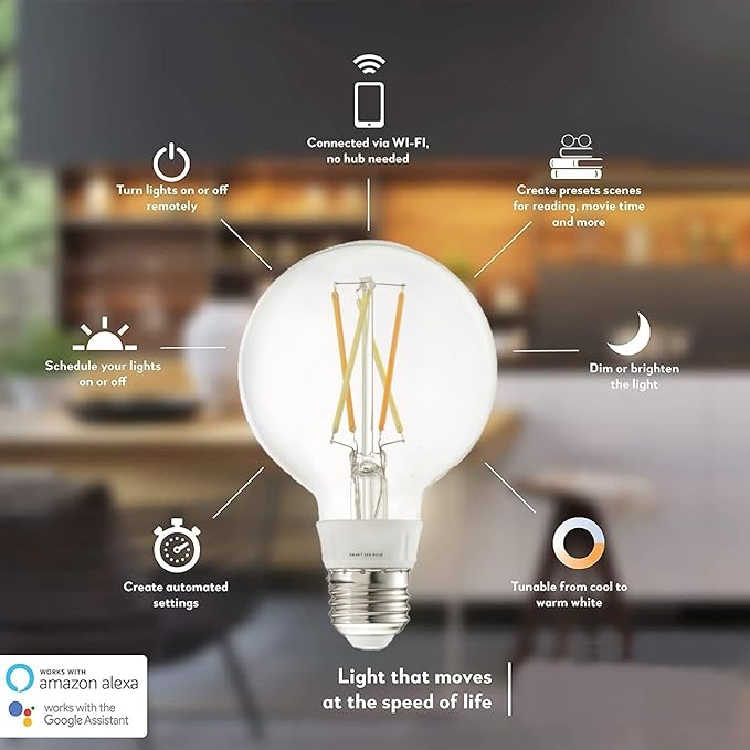 Diodesy- G25 Smart Globe Wifi Light Bulb 5.5W (60W Equivalent) 600 Lumen 2200K-6500K Selectable E26 Medium Base Wet Rated Pack of 4- Compatible with Alexa and Google Home & Control with Voice or App
