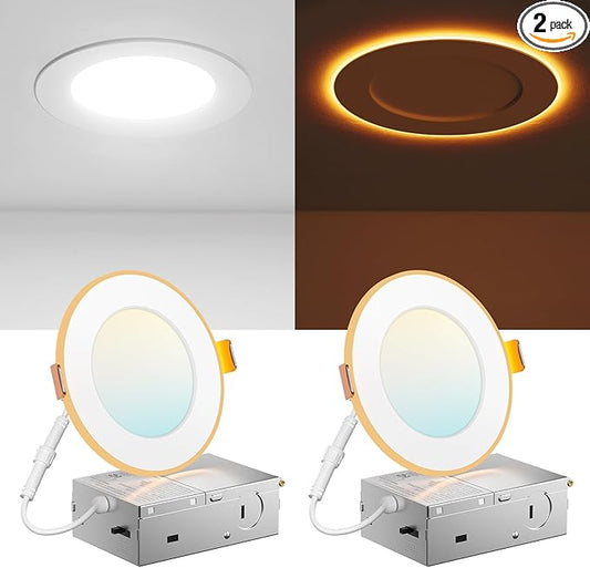 Amico 2 Pack 4 Inch 5CCT LED Recessed Ceiling Light with Night Light, 2700K/3000K/3500K/4000K/5000K Selectable Ultra-Thin Lighting, 10W=90W, 700LM, Dimmable Canless Wafer Downlight - ETL&FCC