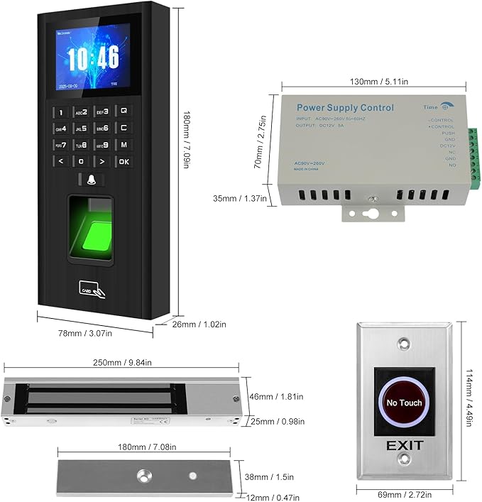 Complete Biometric Fingerprint Security Access Control System Kit, RFID T9 Keypad Door Lock, Time and Attendance System, Smart Remote Door Opener, 600-Pound Electromagnetic Lock, Doorbell