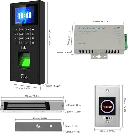 Complete Biometric Fingerprint Security Access Control System Kit, RFID T9 Keypad Door Lock, Time and Attendance System, Smart Remote Door Opener, 600-Pound Electromagnetic Lock, Doorbell