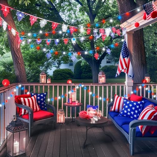 JMEXSUSS Red White and Blue Lights Battery Operated, 33ft 4th of July Lights Outdoor Waterproof, 100 LED String Light for Independence Day Memorial Patriotic Day Decor (Pack of 2)