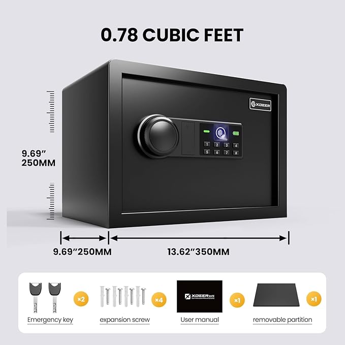 XDeer Biometric Safe with Fireproof Waterproof Bag, Small Safe 0.78 CuFt | Money Safe Box with Backlit Keypad and LED Light, Fingerprint Safes for Cash, Jewelry, and Documents, Removable Shelf