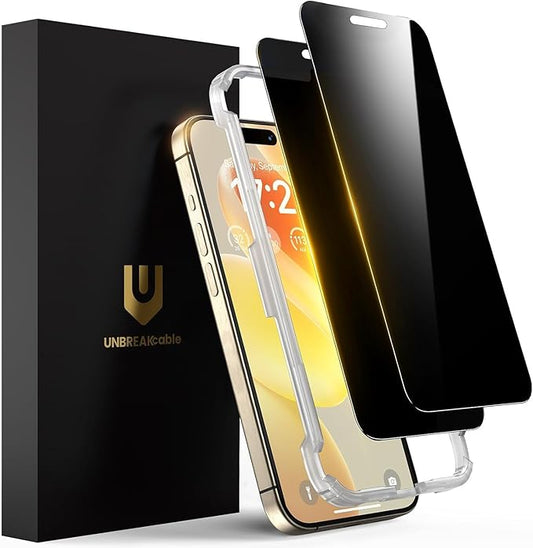 UNBREAKcable Privacy Screen Protector for iPhone 15 Pro Max, Shatterproof Tempered Glass [True 28°Anti Spy] [9H Hardness] [Easy Installation Frame] Private Protector for iPhone 15 Pro Max 6.7"-2 Pack