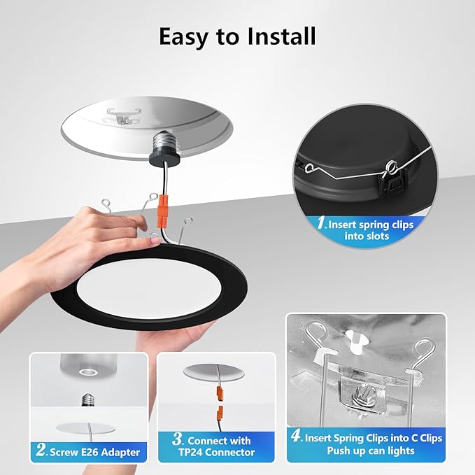 LVWIT Black LED Recessed Light 6 Inch, Can Lights Color Selectable 2700/3000/4000/5000/6000K 5CCT, 9W=120W,1000LM, Dimmable Downlight with E26 Conversion Kit, 6 Pack,IC Rated