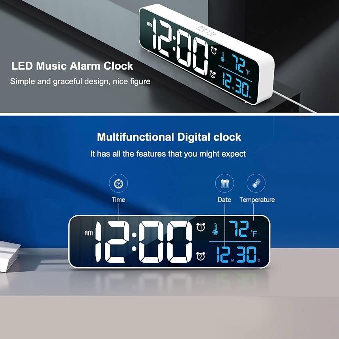 Digital Clock, Clock For Bedroom, Clocks For Living Room Decor, Desk Table Clock, Alarm Clock Large Display with Date Week Temperature, Automatic Brightness Dimmer, Smart Cool Modern (White Blue)