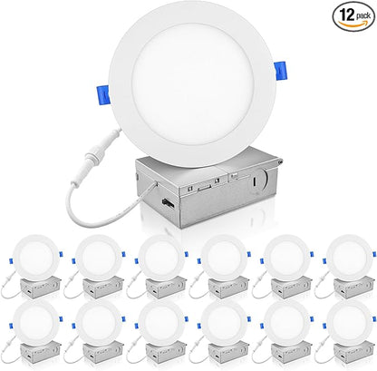 ECOELER 12 Pack 6 Inch Slim LED Recessed Lighting with Junction Box, 12W 1100Lm, 4000K Cool White, Dimmable LED Ceiling Downlights, High Brightness Wafer Lights, ETL & FCC