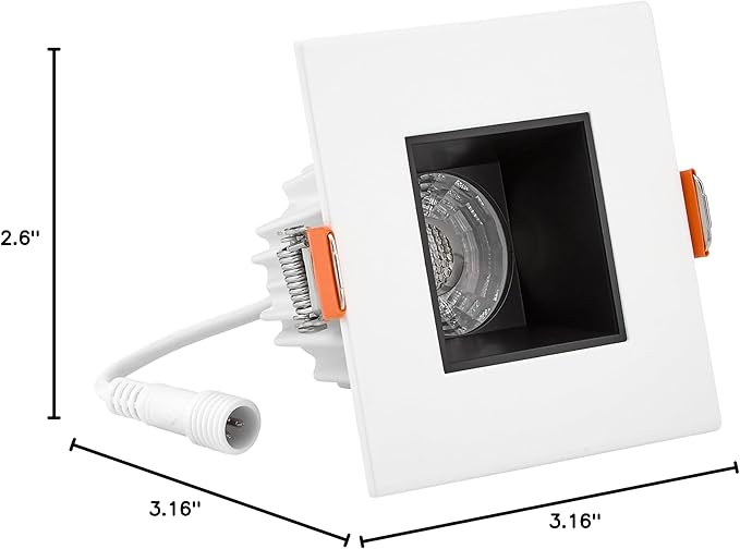 Maxxima 2 in. Ultra-Thin Recessed Anti-Glare LED Downlight - Canless IC Rated, 500 Lumens, 5 Color Temperature Selectable 2700K/3000K/3500K/4000K/5000K, Dimmable Square White Trim Black Baffle, 90 CRI