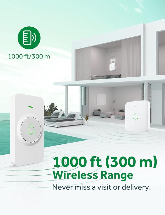 AVANTEK Wireless Doorbell, 1000 ft Range, 1 Button + 2 Receivers, White