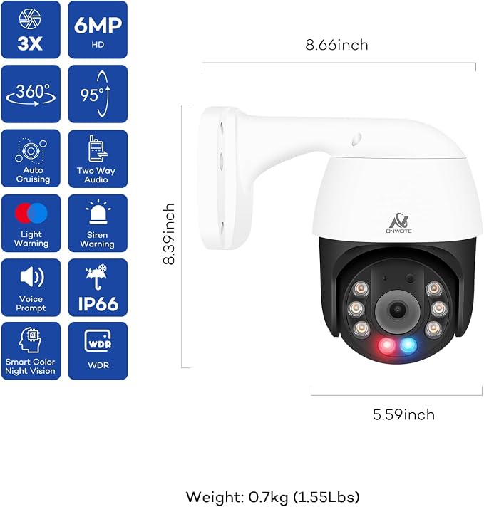 ONWOTE 6MP 355° Pan 95° Tilt 3X Digital Zoom PTZ PoE IP Security Camera