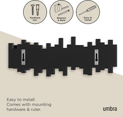 Umbra Sticks Wall Mount Coat Rack, 5 Hook Retractable Pegs, Black | Mounting hardware included, sculptural modern design, entryway or bedroom use, recycled plastic