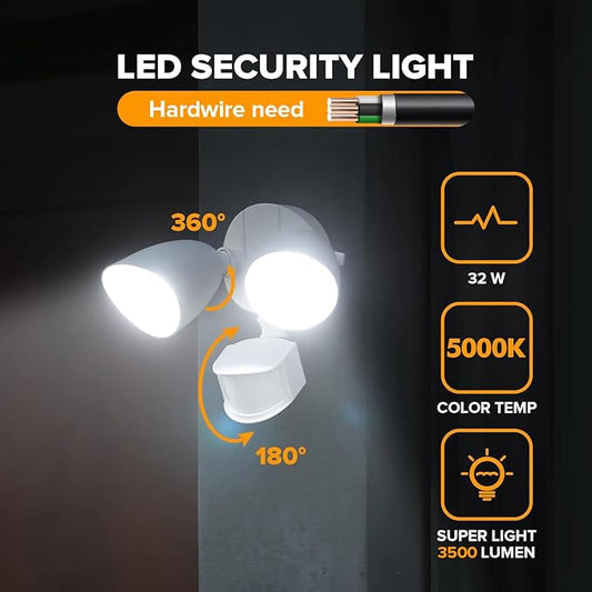 UME 2 Pack 32W 3500 Lumen LED Security Lights Motion Sensor Light Outdoor, 5000K Daylight, IP65 Waterproof, Dusk to Dawn, Motion Detector Flood Light for Garage, Yard, Porch-White
