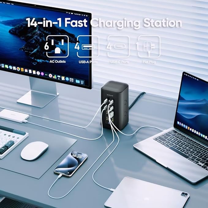 TenTrend Power Strip Tower (350W), 14-in-1 USB-C Charging Station Tower with 2000J Surge Protection, 5FT Extension Cord with 6 AC Outlets & 8 USB Ports for Home Office Dorm Essentials