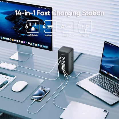 TenTrend Power Strip Tower (350W), 14-in-1 USB-C Charging Station Tower with 2000J Surge Protection, 5FT Extension Cord with 6 AC Outlets & 8 USB Ports for Home Office Dorm Essentials