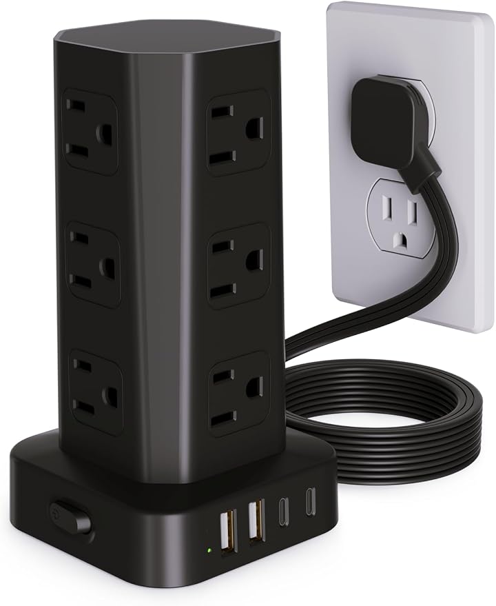 Power Strip Tower Surge Protector, 10FT Flat Plug Extension Cord with Multiple Outlets, 12 AC Outlets 4 USB (2 USB C), Desktop Surge Protection Tower for Home Office Dorm Room, Black