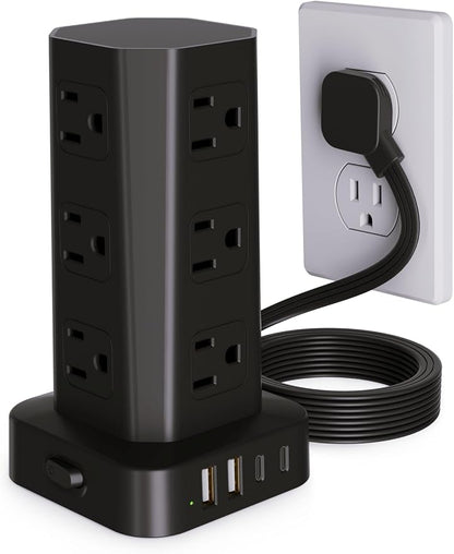 Power Strip Tower Surge Protector, 10FT Flat Plug Extension Cord with Multiple Outlets, 12 AC Outlets 4 USB (2 USB C), Desktop Surge Protection Tower for Home Office Dorm Room, Black