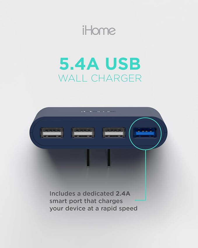 iHome Slim 4-Port USB Wall Charger, Flat Multiport Travel Plug Adapter | Foldable Prongs, 2.4A Rapid Charge Port, Charges iPhone, Android, iPad, AirPods, Travel-Friendly, Charging Block for Home Use