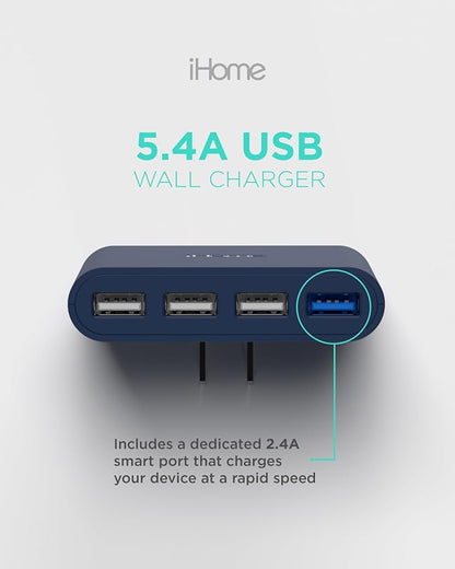 iHome Slim 4-Port USB Wall Charger, Flat Multiport Travel Plug Adapter | Foldable Prongs, 2.4A Rapid Charge Port, Charges iPhone, Android, iPad, AirPods, Travel-Friendly, Charging Block for Home Use