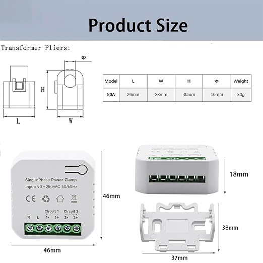 AC110V 220V 80A Tuya App Smart Two-Way Bilateral WiFi Energy Meter with 2PCS 80A CT Current Transformers Clamps Sensors KWh Power Eenrgy Electricity Consumption Monitor Meter Voltmeter Ammeter