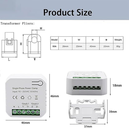 AC110V 220V 80A Tuya App Smart Two-Way Bilateral WiFi Energy Meter with 2PCS 80A CT Current Transformers Clamps Sensors KWh Power Eenrgy Electricity Consumption Monitor Meter Voltmeter Ammeter