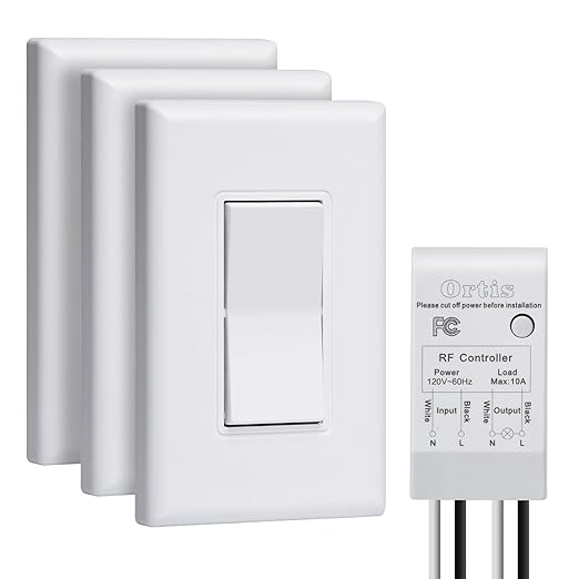 Wireless Light Switch and Receiver Kit, Ortis 300ft RF Range Wireless Wall Switches for Lights, Fans, Battery Included, No Wiring Needed (3 Switches & 1 Receiver Kit)